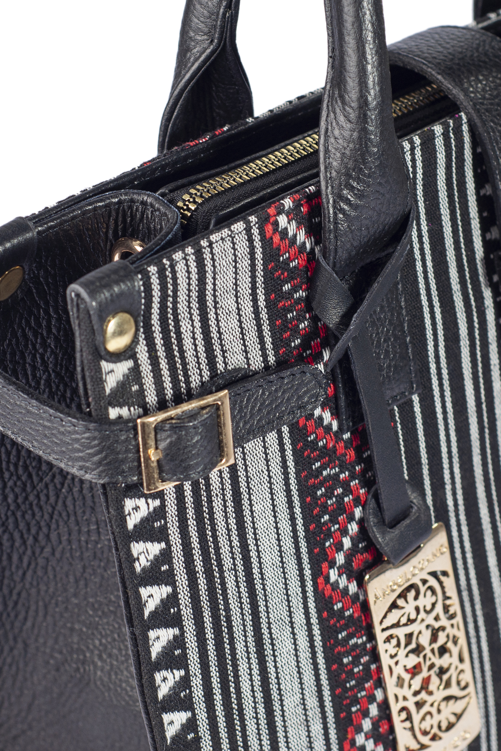 Foto 8 pulgar | Bolso A Ángelozano Samantha Tipo Satchel de Piel Vacuna color Negro con Telar Étnico para Mujer