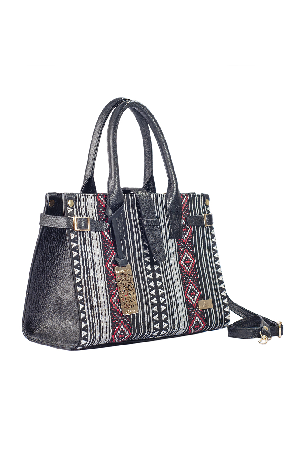 Foto 9 pulgar | Bolso A Ángelozano Samantha Tipo Satchel de Piel Vacuna color Negro con Telar Étnico para Mujer