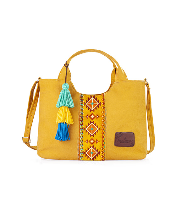 Bolso A Ángelozano Tipo Satchel De Mujer Con Telar Artesanal Modelo Izamal Color Mostaza