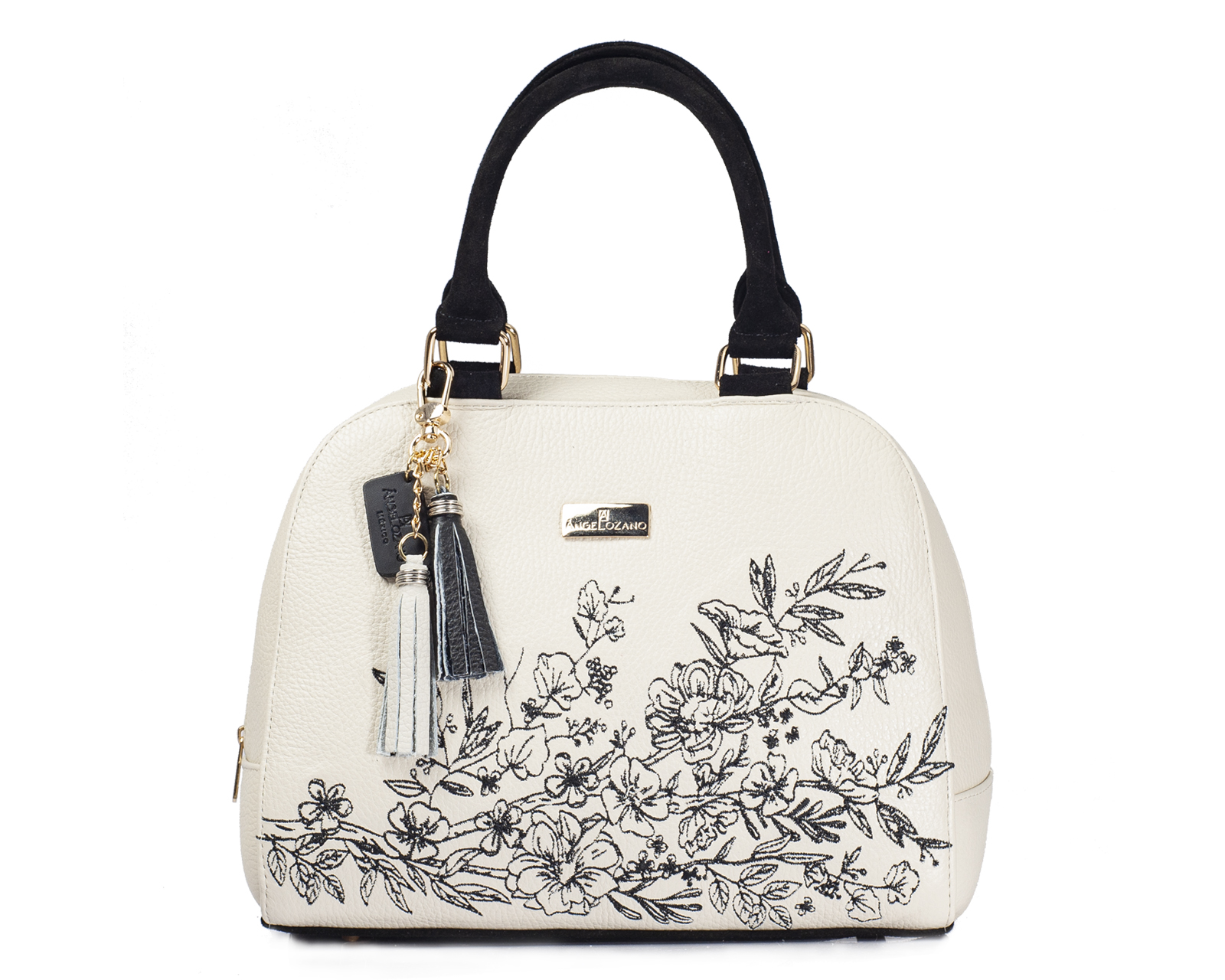 Foto 2 pulgar | Bolso Tipo Satchel A Ángelozano De Piel Vacuna Con Bordado, Color Hueso, Modelo Elsa