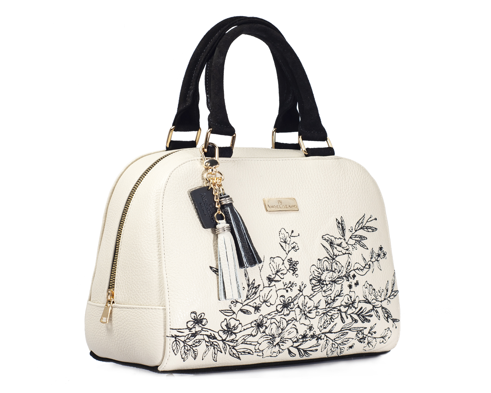 Foto 6 pulgar | Bolso Tipo Satchel A Ángelozano De Piel Vacuna Con Bordado, Color Hueso, Modelo Elsa