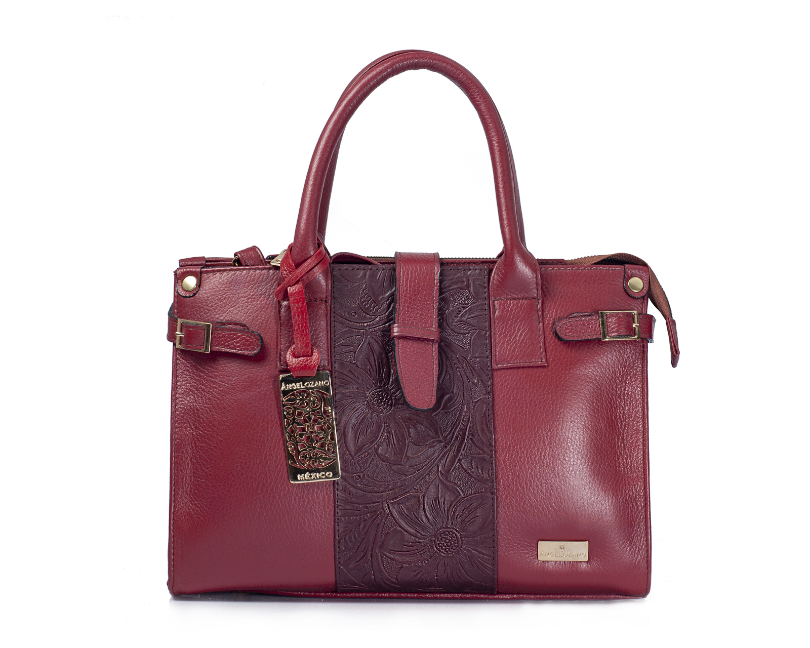 Foto 2 pulgar | Bolso Tipo Satchel A Ángelozano De Piel Vacuna Con Grabado Tipo Cincelado, Color Granada, Modelo Samantha