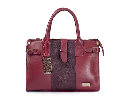Foto 1 | Bolso Tipo Satchel A Ángelozano De Piel Vacuna Con Grabado Tipo Cincelado, Color Granada, Modelo Samantha