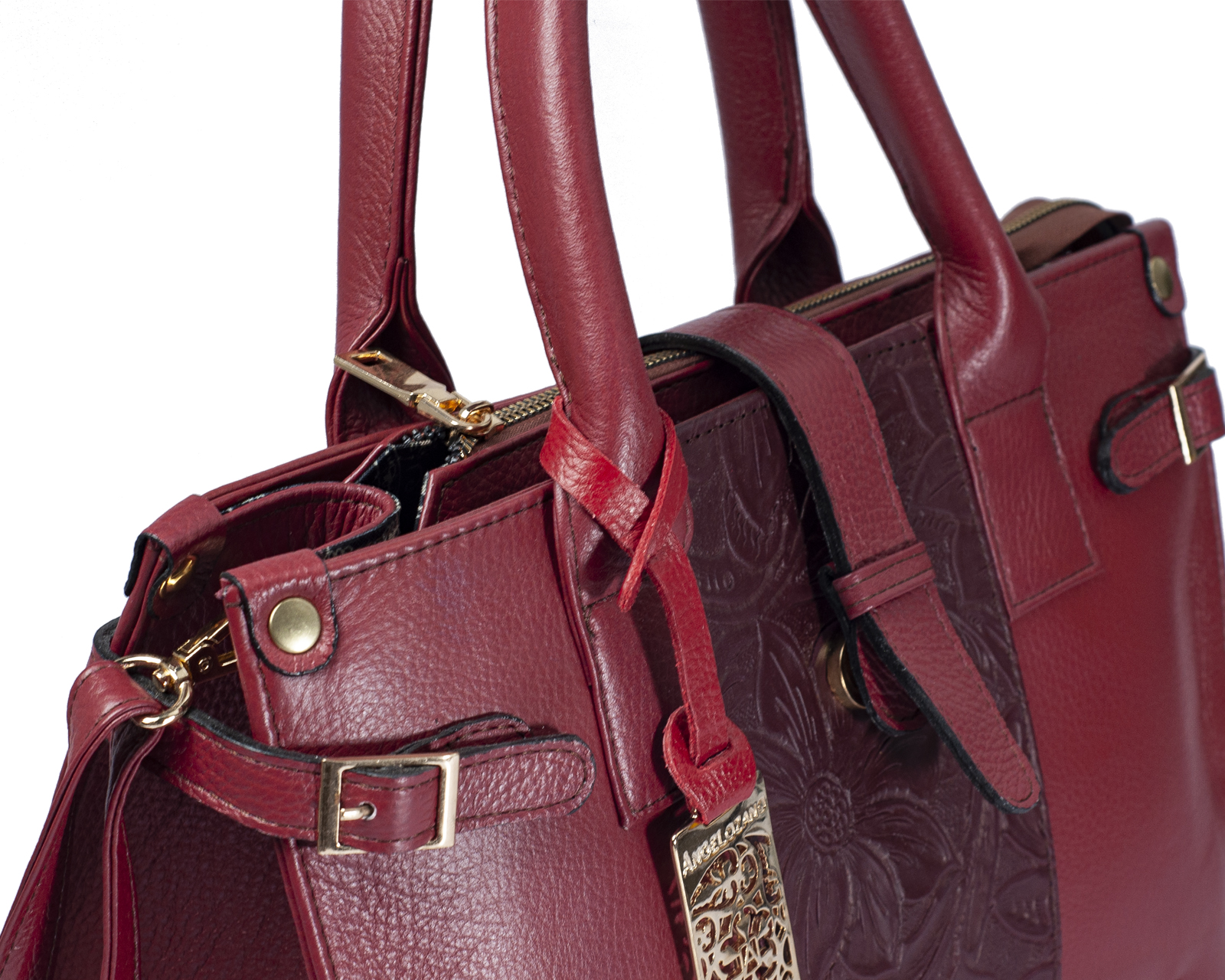 Foto 6 | Bolso Tipo Satchel A Ángelozano De Piel Vacuna Con Grabado Tipo Cincelado, Color Granada, Modelo Samantha