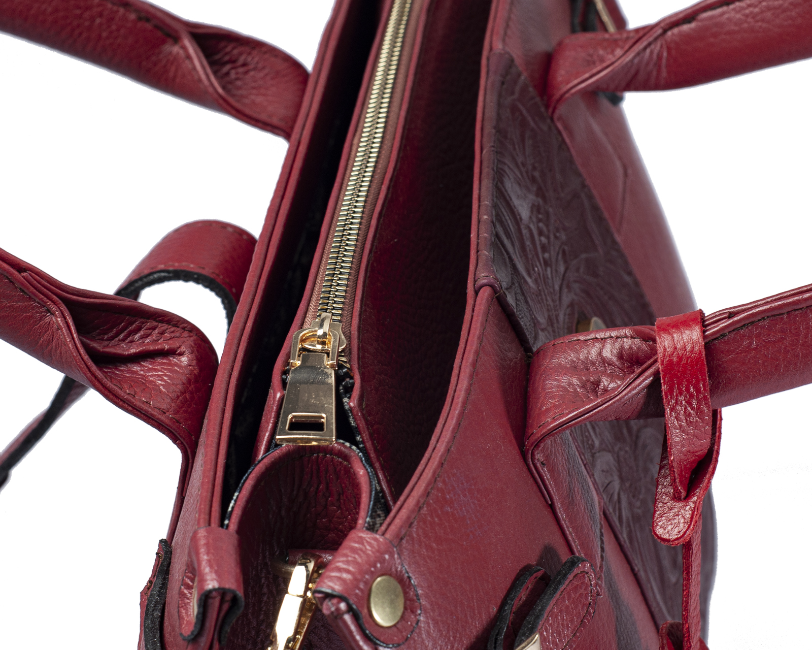 Foto 8 pulgar | Bolso Tipo Satchel A Ángelozano De Piel Vacuna Con Grabado Tipo Cincelado, Color Granada, Modelo Samantha