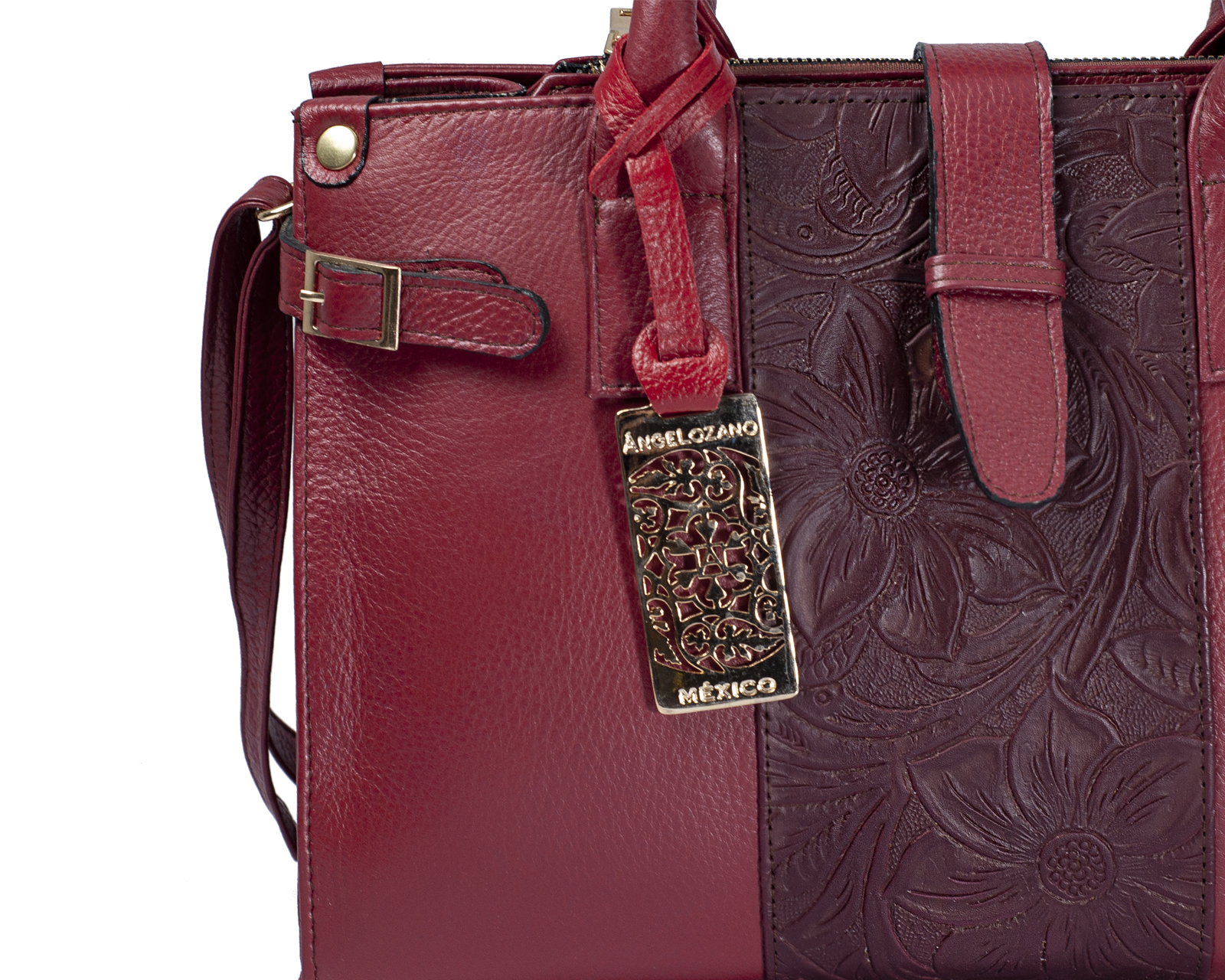Foto 9 pulgar | Bolso Tipo Satchel A Ángelozano De Piel Vacuna Con Grabado Tipo Cincelado, Color Granada, Modelo Samantha