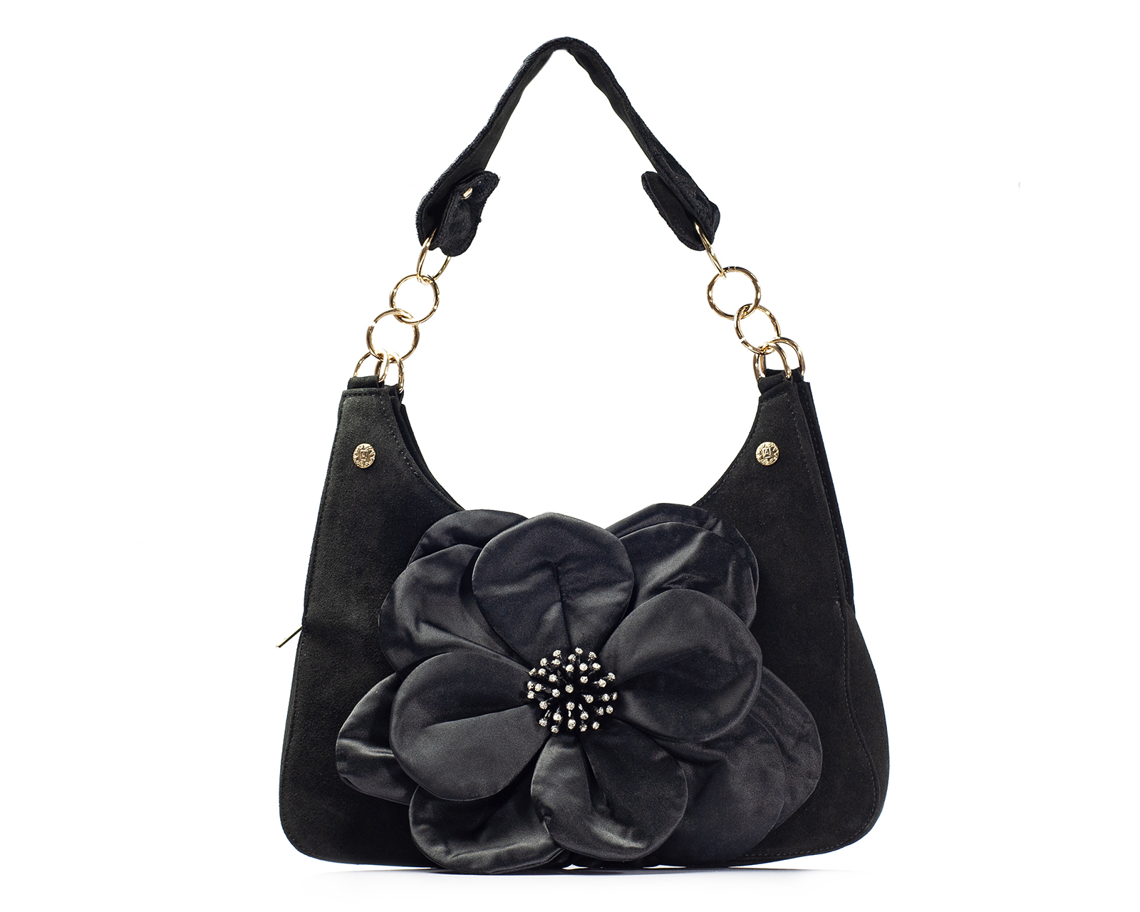 Foto 2 pulgar | Bolso Tipo Satchel A Ángelozano De Piel Gamuza Con Flor De Tela Satín, Color Negro, Modelo Irma