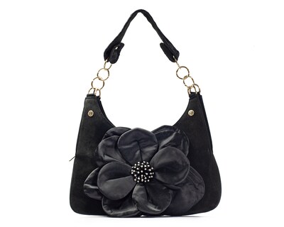 Foto 1 | Bolso Tipo Satchel A Ángelozano De Piel Gamuza Con Flor De Tela Satín, Color Negro, Modelo Irma