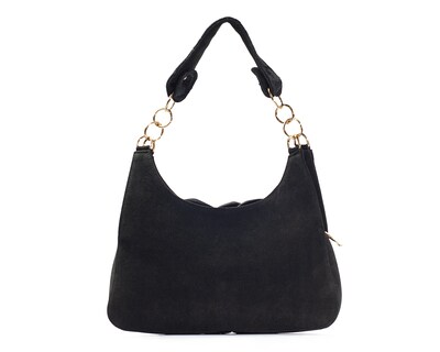 Foto 2 | Bolso Tipo Satchel A Ángelozano De Piel Gamuza Con Flor De Tela Satín, Color Negro, Modelo Irma