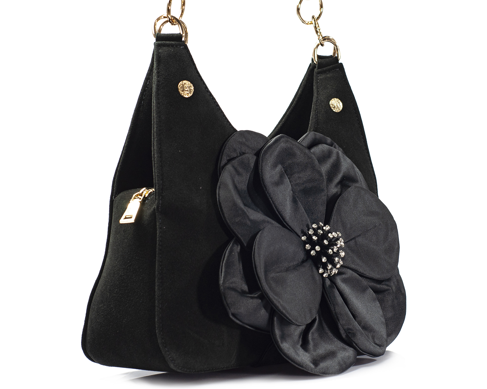 Foto 5 pulgar | Bolso Tipo Satchel A Ángelozano De Piel Gamuza Con Flor De Tela Satín, Color Negro, Modelo Irma