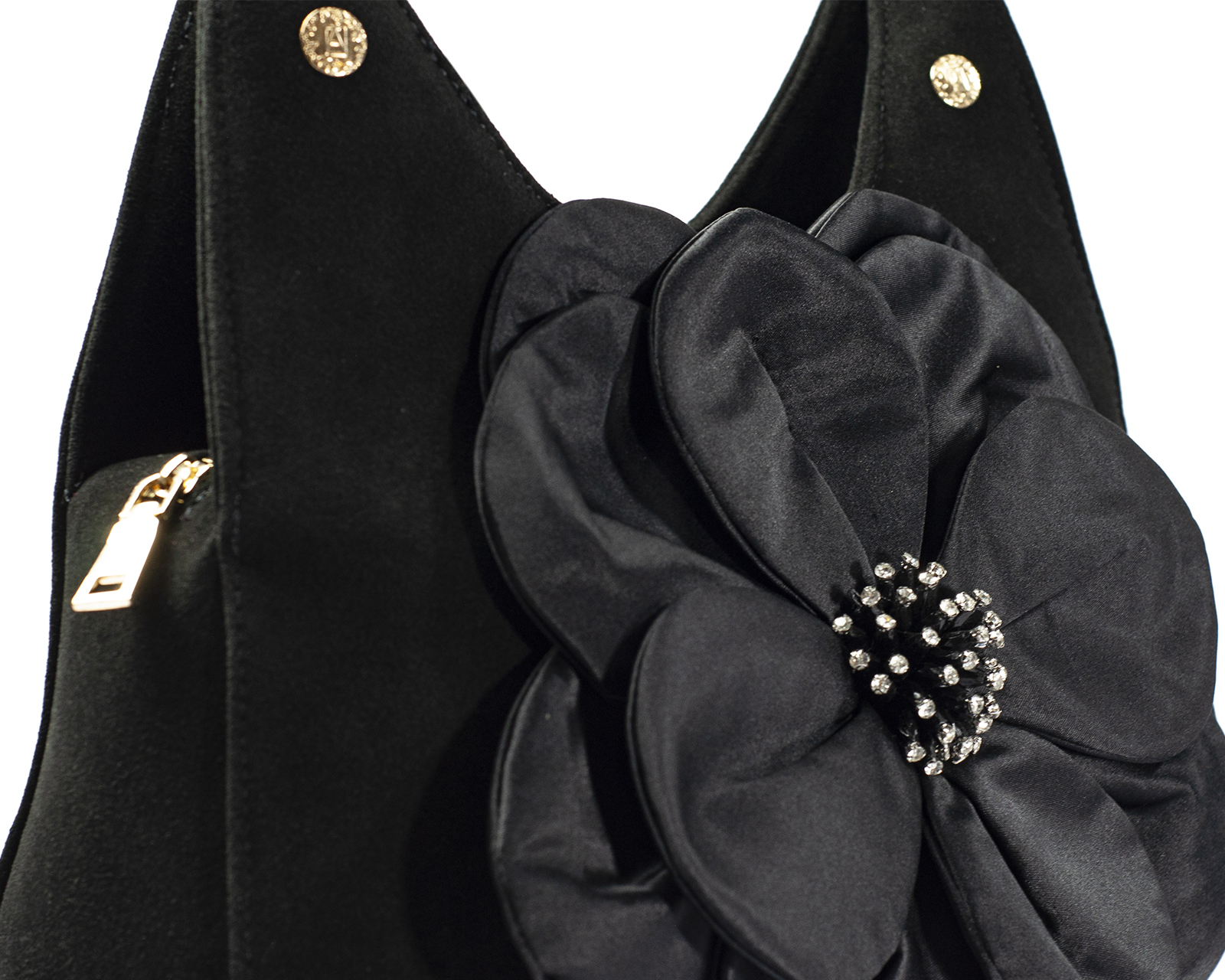 Foto 7 pulgar | Bolso Tipo Satchel A Ángelozano De Piel Gamuza Con Flor De Tela Satín, Color Negro, Modelo Irma