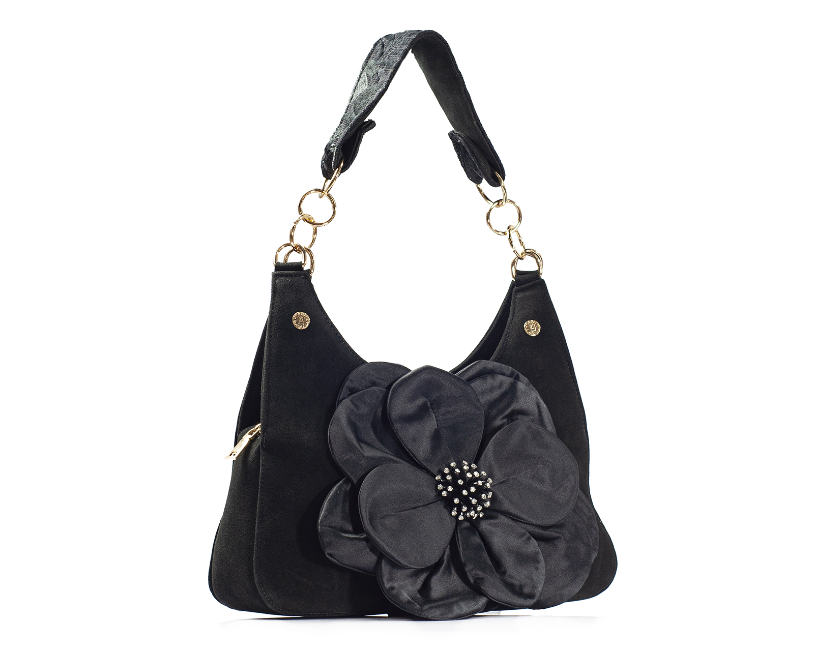 Foto 8 pulgar | Bolso Tipo Satchel A Ángelozano De Piel Gamuza Con Flor De Tela Satín, Color Negro, Modelo Irma