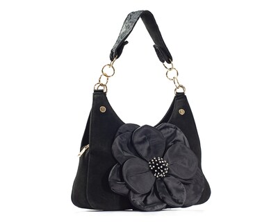 Foto 7 | Bolso Tipo Satchel A Ángelozano De Piel Gamuza Con Flor De Tela Satín, Color Negro, Modelo Irma
