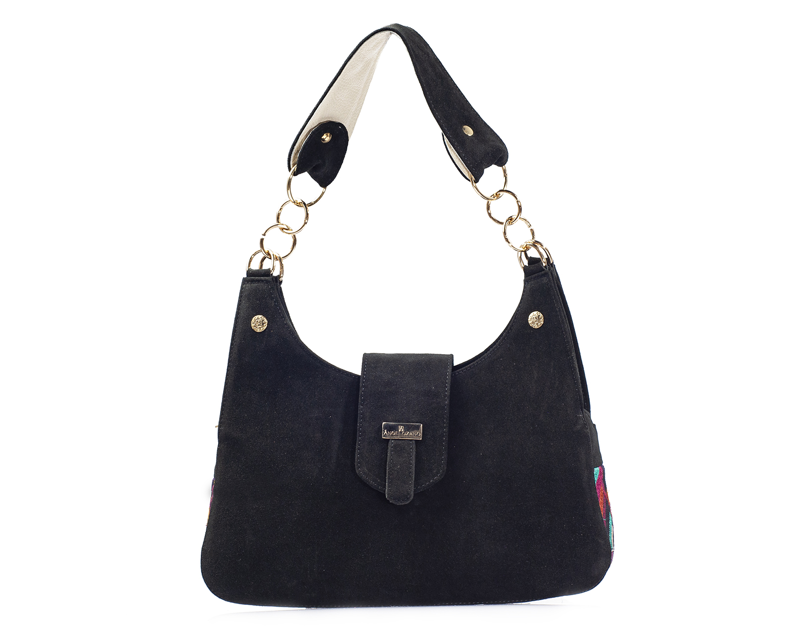 Foto 2 pulgar | Bolso Tipo Satchel A Ángelozano De Piel Gamuza Con Telar Étnico, Color Negro, Modelo Irma