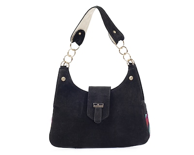 Foto 1 | Bolso Tipo Satchel A Ángelozano De Piel Gamuza Con Telar Étnico, Color Negro, Modelo Irma