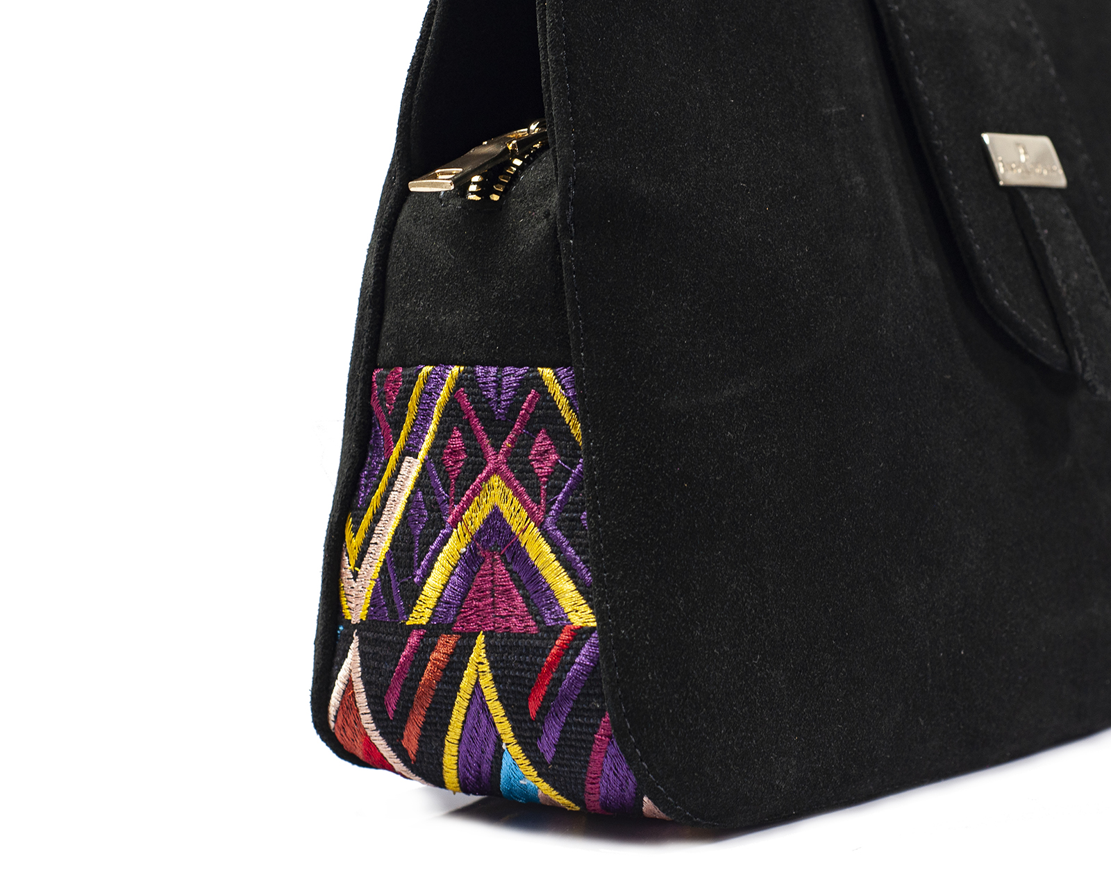 Foto 5 pulgar | Bolso Tipo Satchel A Ángelozano De Piel Gamuza Con Telar Étnico, Color Negro, Modelo Irma