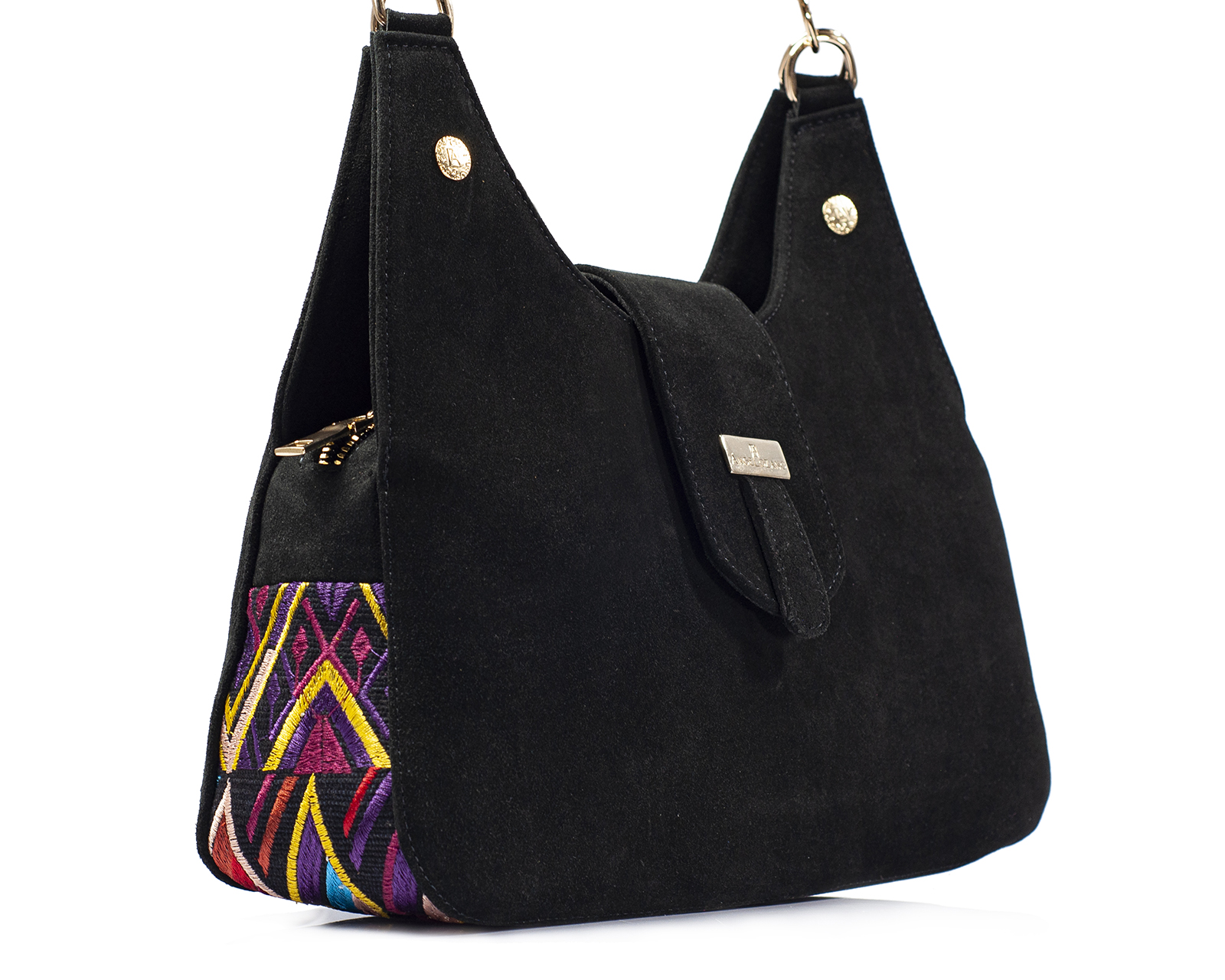Foto 6 pulgar | Bolso Tipo Satchel A Ángelozano De Piel Gamuza Con Telar Étnico, Color Negro, Modelo Irma