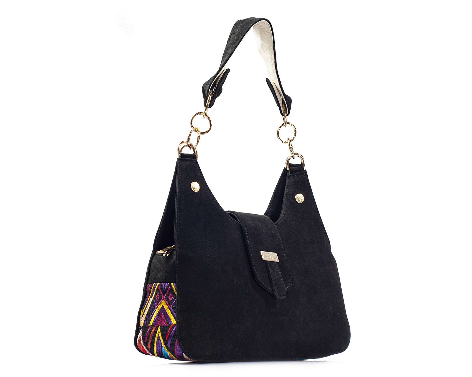 Foto 7 | Bolso Tipo Satchel A Ángelozano De Piel Gamuza Con Telar Étnico, Color Negro, Modelo Irma