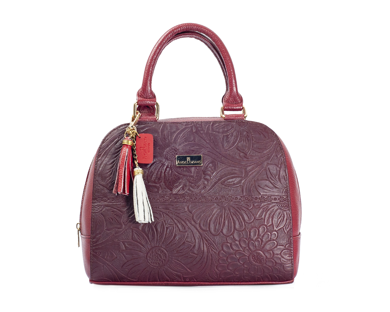 Foto 1 | Bolso Tipo Satchel A Aángelozano De Piel Vacuna Con Grabado Tipo Cincelado, Color Granada, Modelo Elsa