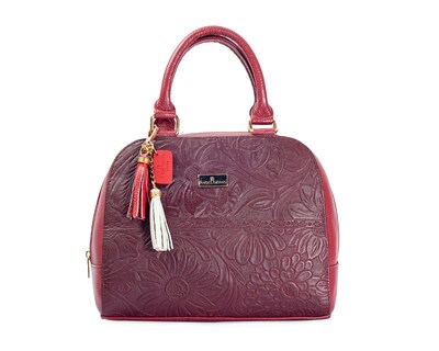 Foto 1 | Bolso Tipo Satchel A Aángelozano De Piel Vacuna Con Grabado Tipo Cincelado, Color Granada, Modelo Elsa