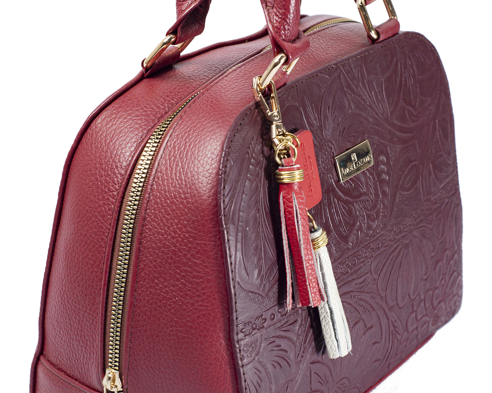 Foto 5 pulgar | Bolso Tipo Satchel A Aángelozano De Piel Vacuna Con Grabado Tipo Cincelado, Color Granada, Modelo Elsa