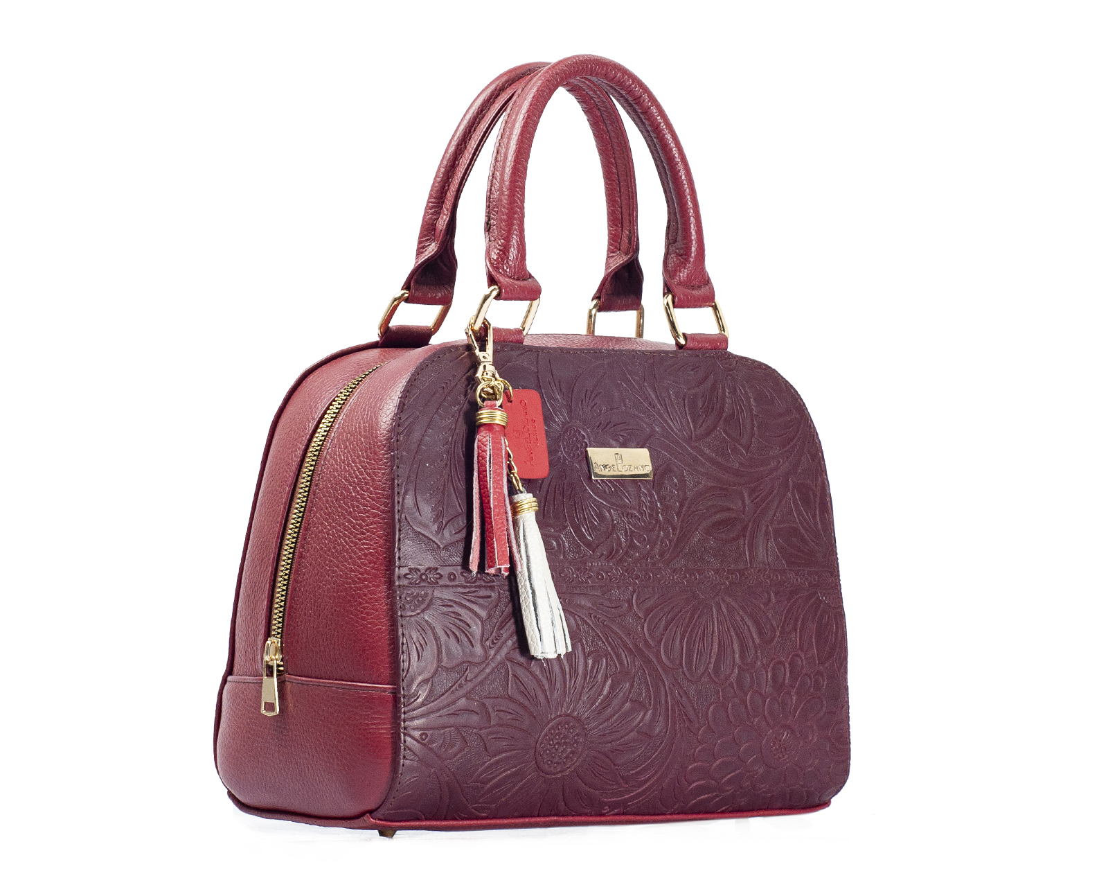 Foto 7 pulgar | Bolso Tipo Satchel A Aángelozano De Piel Vacuna Con Grabado Tipo Cincelado, Color Granada, Modelo Elsa