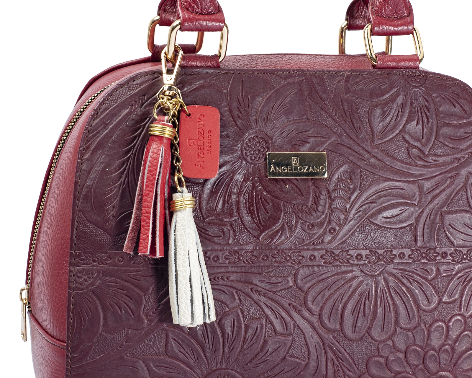 Foto 8 pulgar | Bolso Tipo Satchel A Aángelozano De Piel Vacuna Con Grabado Tipo Cincelado, Color Granada, Modelo Elsa
