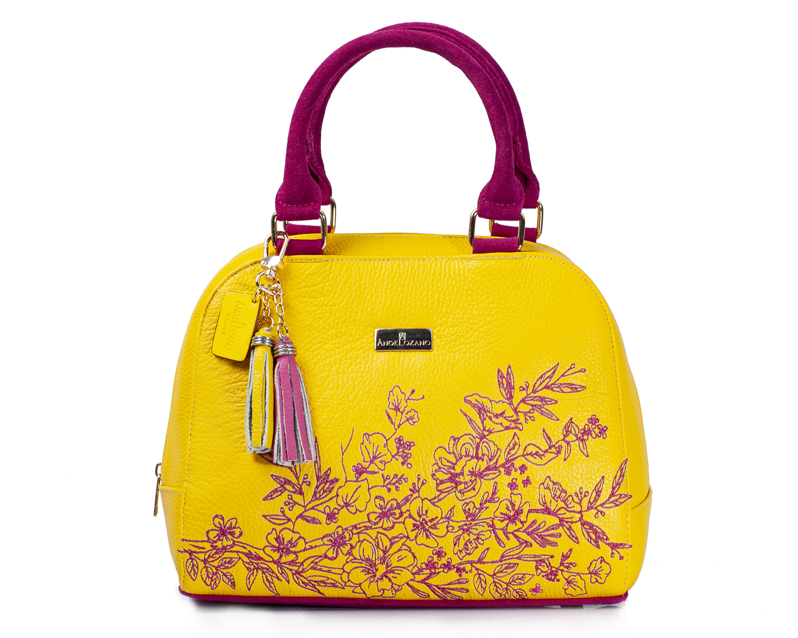 Foto 2 pulgar | Bolso Tipo Satchel A Ángelozano De Piel Vacuna Con Bordado, Color Amarillo, Modelo Elsa