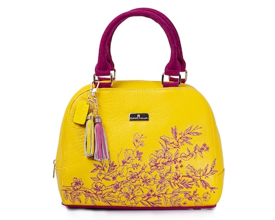 Foto 1 | Bolso Tipo Satchel A Ángelozano De Piel Vacuna Con Bordado, Color Amarillo, Modelo Elsa