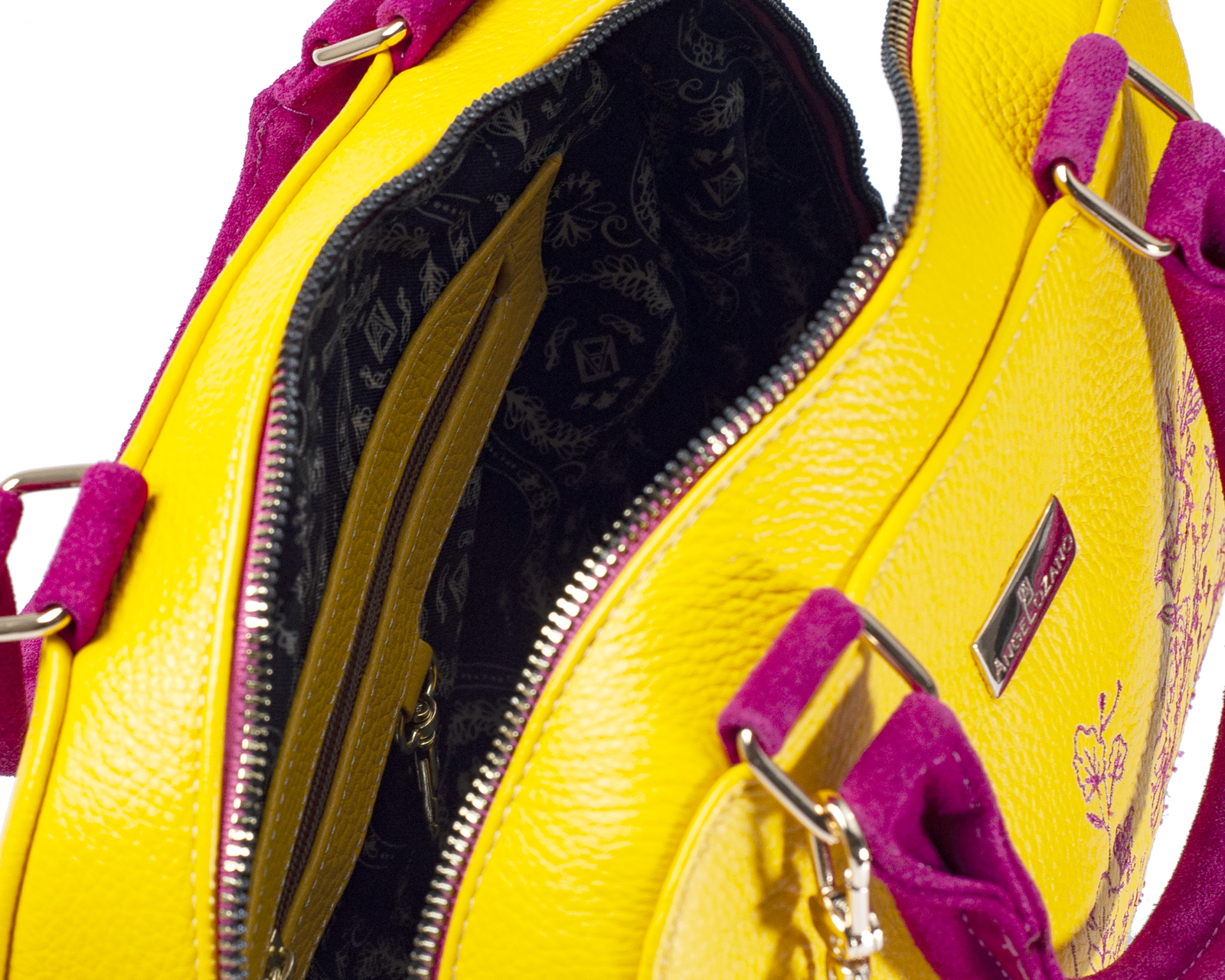 Foto 6 pulgar | Bolso Tipo Satchel A Ángelozano De Piel Vacuna Con Bordado, Color Amarillo, Modelo Elsa
