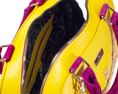 Foto 5 | Bolso Tipo Satchel A Ángelozano De Piel Vacuna Con Bordado, Color Amarillo, Modelo Elsa