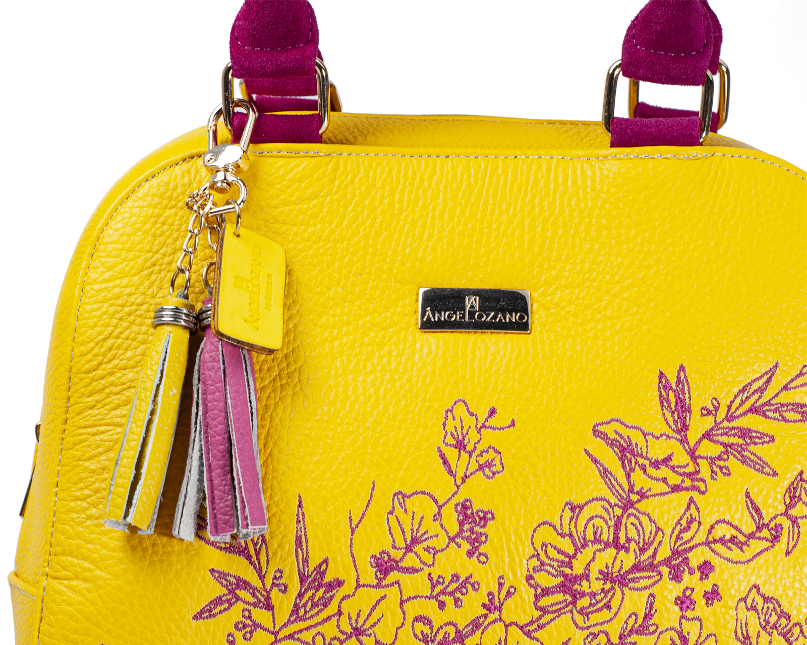 Foto 7 pulgar | Bolso Tipo Satchel A Ángelozano De Piel Vacuna Con Bordado, Color Amarillo, Modelo Elsa