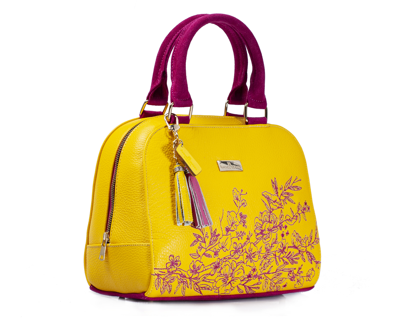 Foto 9 pulgar | Bolso Tipo Satchel A Ángelozano De Piel Vacuna Con Bordado, Color Amarillo, Modelo Elsa
