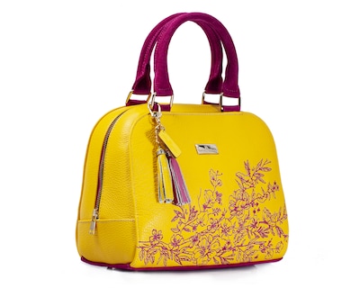 Foto 8 | Bolso Tipo Satchel A Ángelozano De Piel Vacuna Con Bordado, Color Amarillo, Modelo Elsa