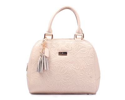 Foto 1 | Bolso Tipo Satchel A Ángelozano De Piel Vacuna Grabado Tipo Cincelado Color Hueso, Modelo Elsa