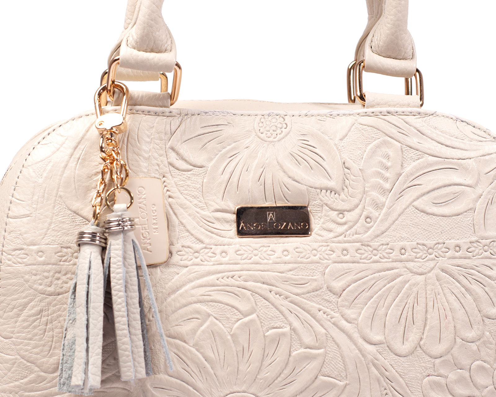 Foto 5 pulgar | Bolso Tipo Satchel A Ángelozano De Piel Vacuna Grabado Tipo Cincelado Color Hueso, Modelo Elsa