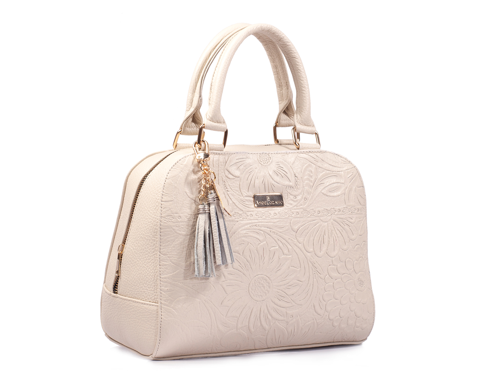 Foto 6 pulgar | Bolso Tipo Satchel A Ángelozano De Piel Vacuna Grabado Tipo Cincelado Color Hueso, Modelo Elsa