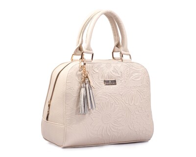 Foto 5 | Bolso Tipo Satchel A Ángelozano De Piel Vacuna Grabado Tipo Cincelado Color Hueso, Modelo Elsa