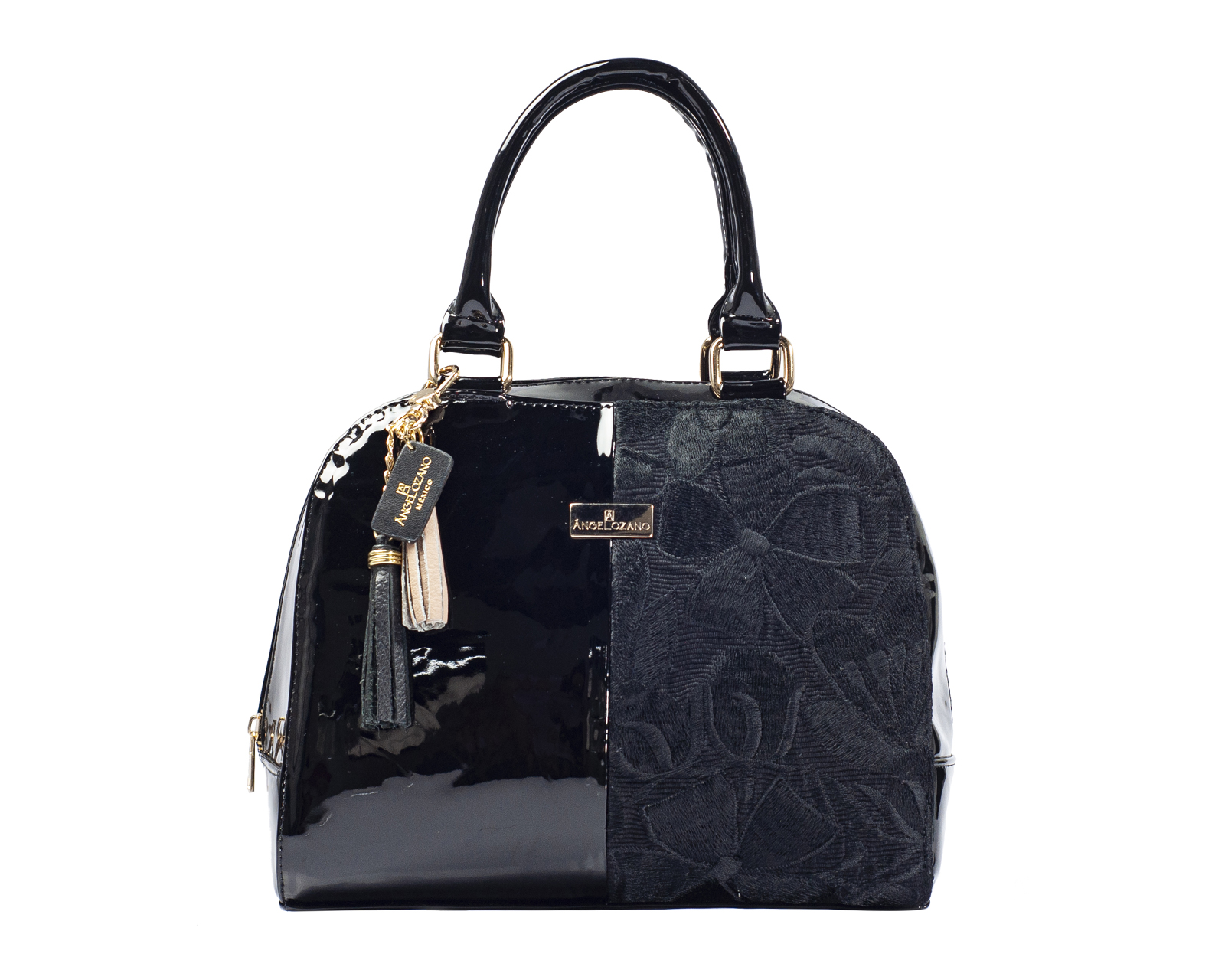 Foto 1 | Bolso Tipo Satchel A Ángelozano De Piel Vacuna, Charol Y Telar, Color Negro, Modelo Elsa