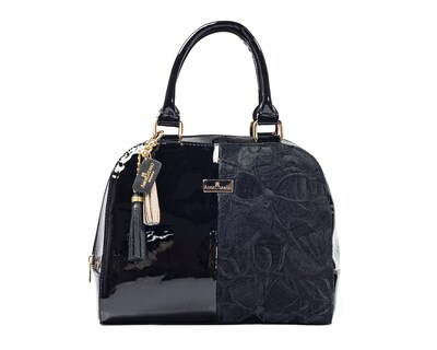Foto 1 | Bolso Tipo Satchel A Ángelozano De Piel Vacuna, Charol Y Telar, Color Negro, Modelo Elsa