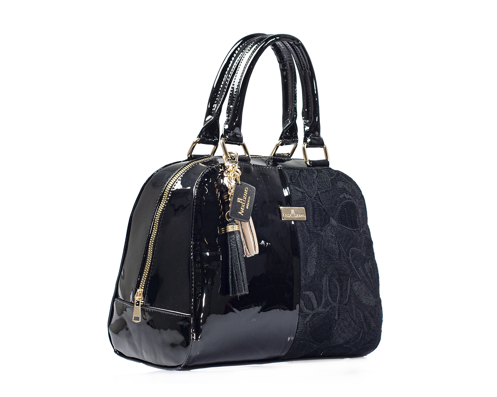 Foto 7 pulgar | Bolso Tipo Satchel A Ángelozano De Piel Vacuna, Charol Y Telar, Color Negro, Modelo Elsa