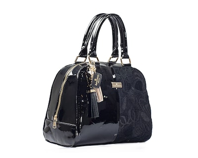 Foto 6 | Bolso Tipo Satchel A Ángelozano De Piel Vacuna, Charol Y Telar, Color Negro, Modelo Elsa