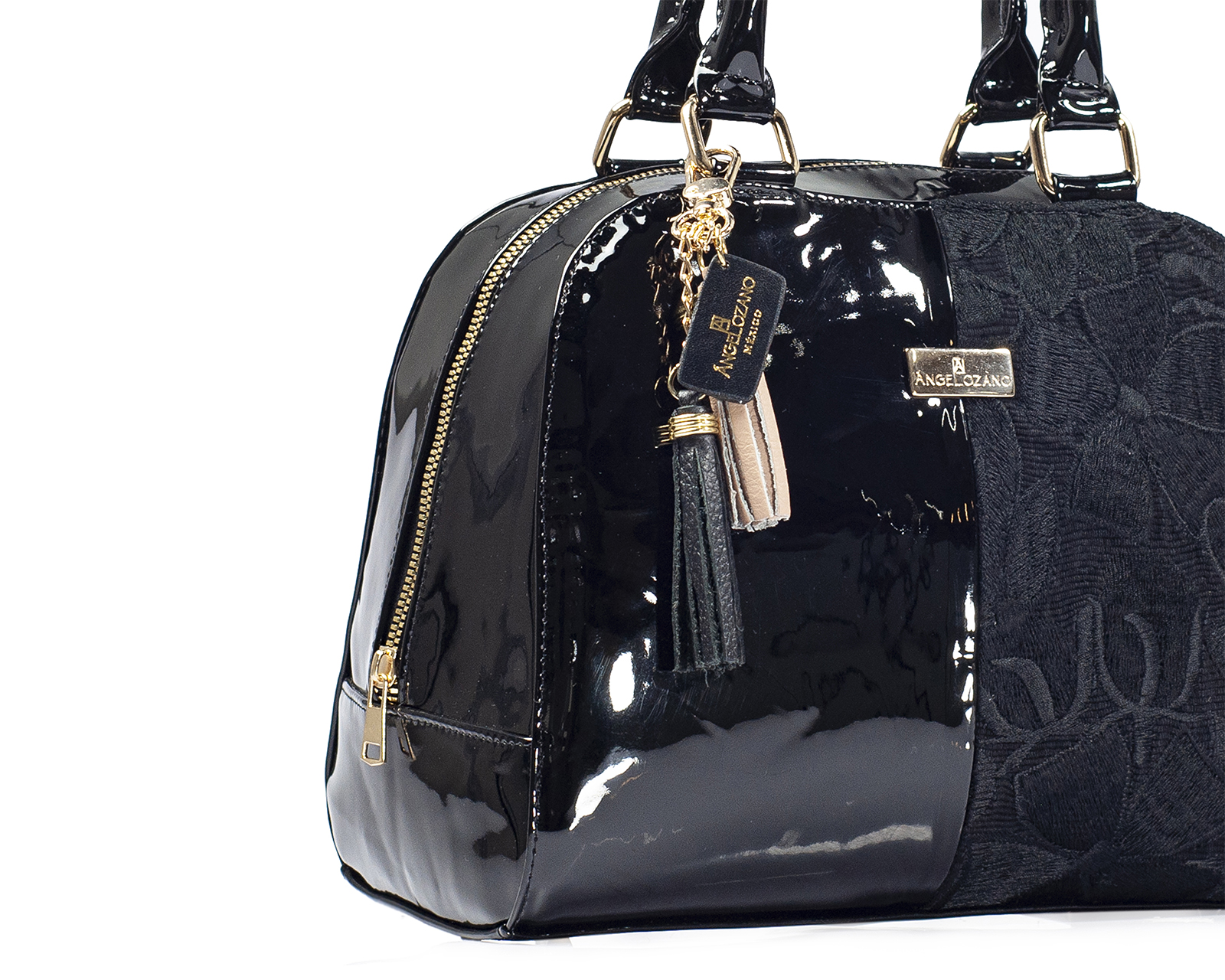 Foto 8 pulgar | Bolso Tipo Satchel A Ángelozano De Piel Vacuna, Charol Y Telar, Color Negro, Modelo Elsa
