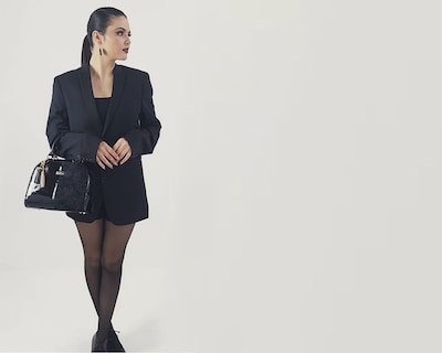 Foto 8 | Bolso Tipo Satchel A Ángelozano De Piel Vacuna, Charol Y Telar, Color Negro, Modelo Elsa