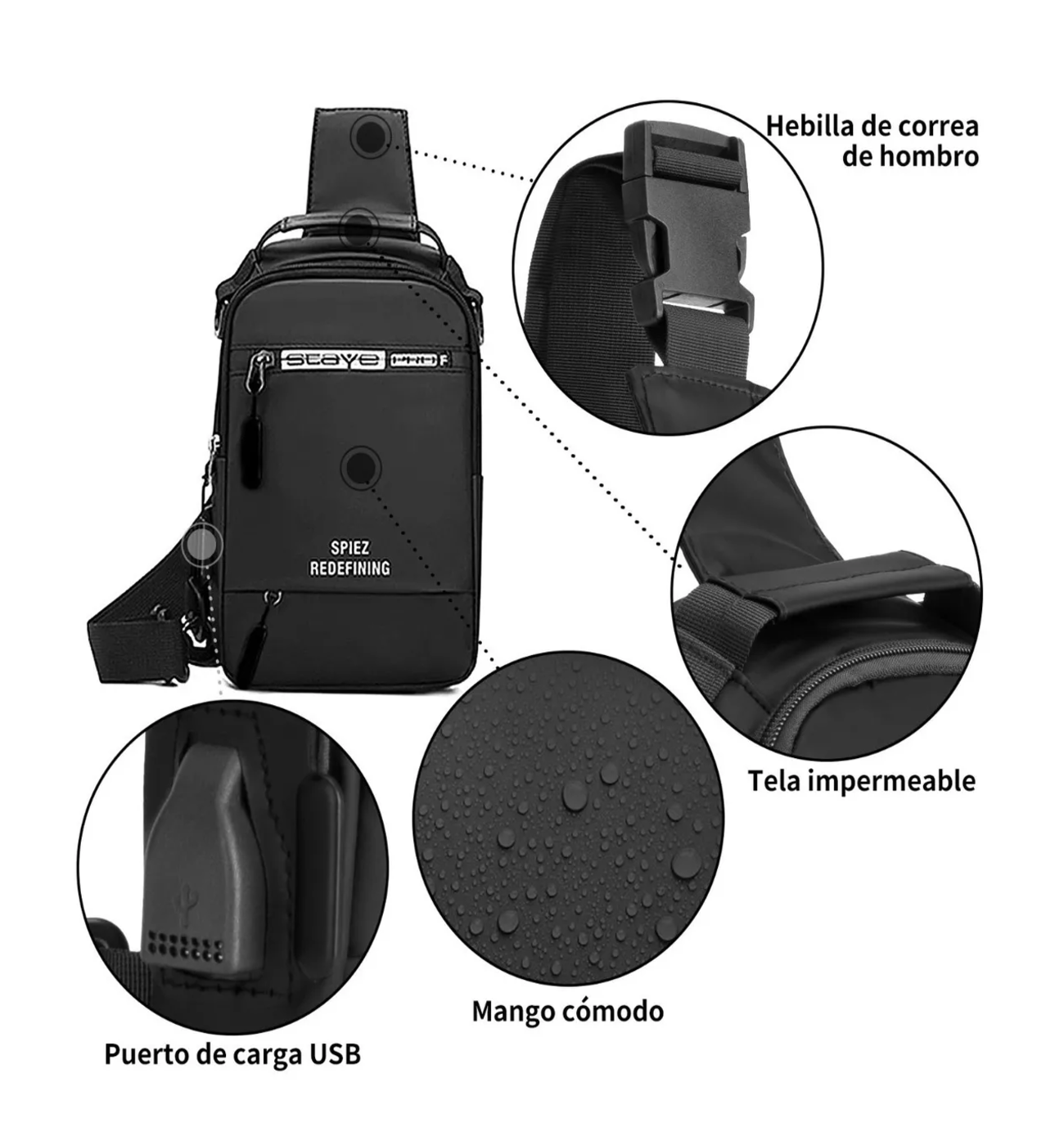 Foto 3 | Mariconera Spiez color Negro Pechera de Calidad con USB