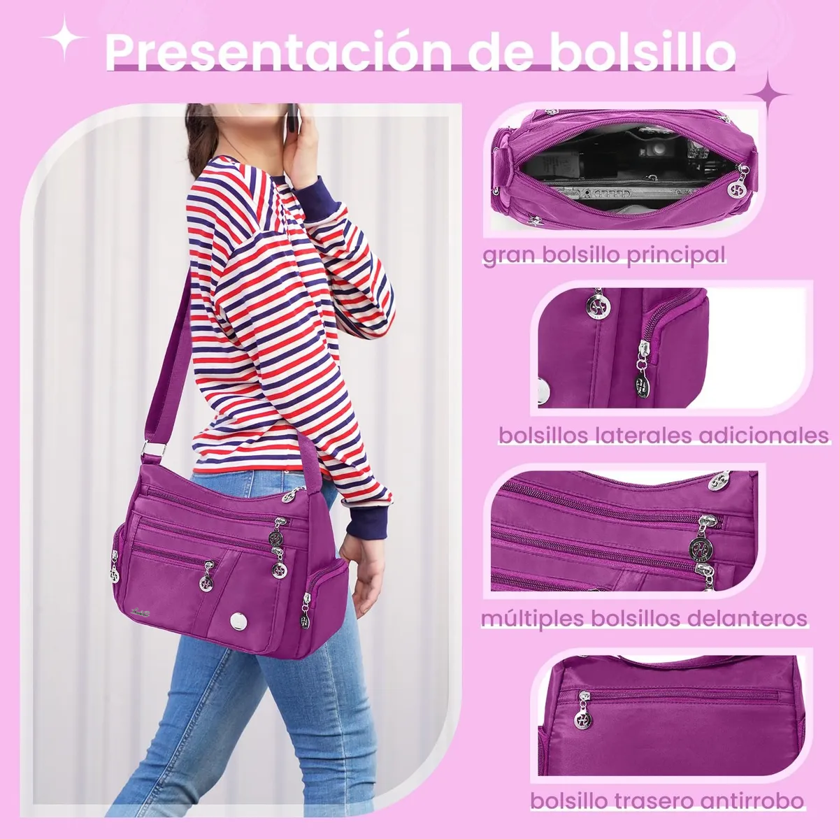Foto 4 pulgar | Bolso Multifuncional Impermeable Y Antirrobo Para Mujer Lab.g Púrpura