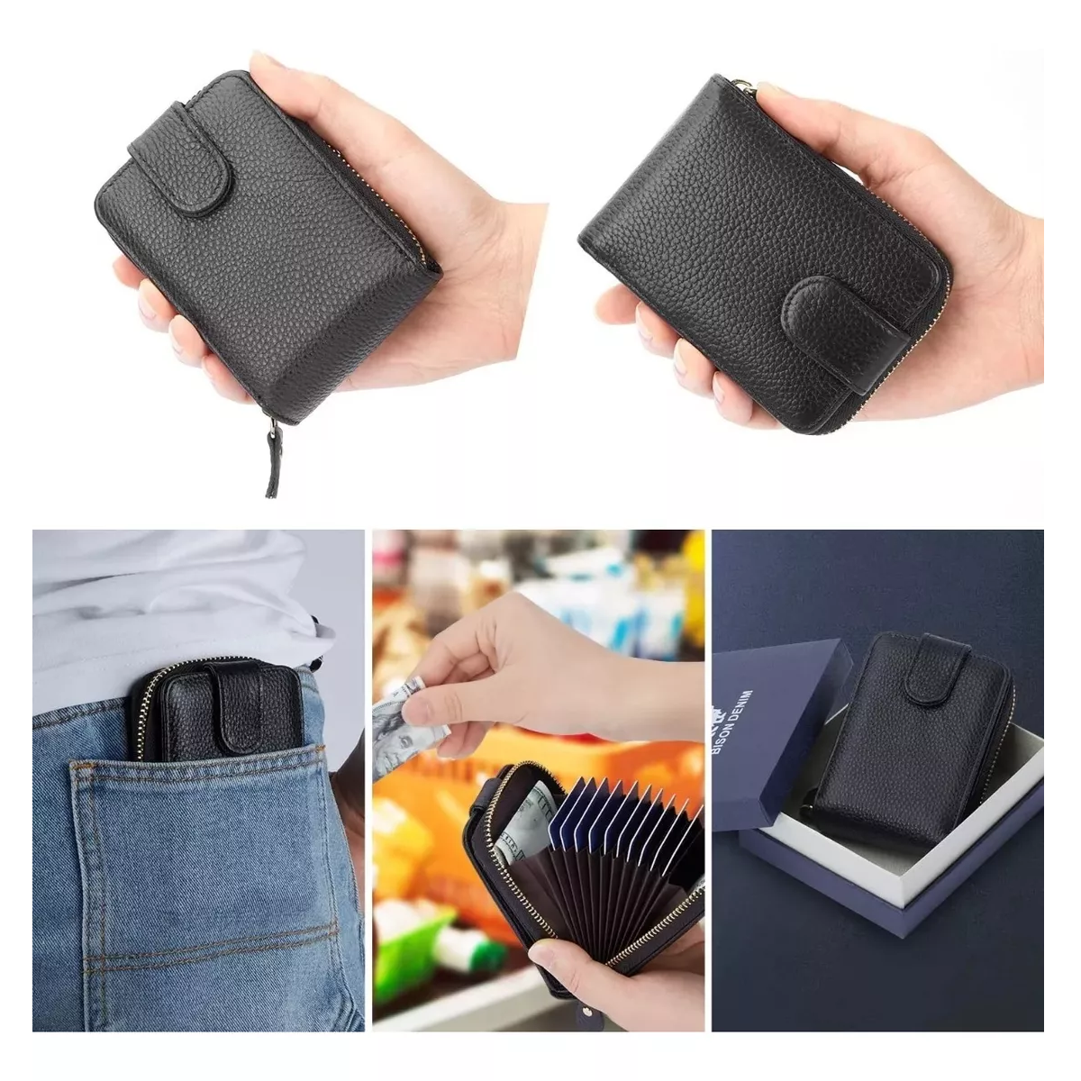 Foto 5 pulgar | Cartera de Cuero Negra con Múltiples Ranuras para Tarjetas y Bloqueo RFID