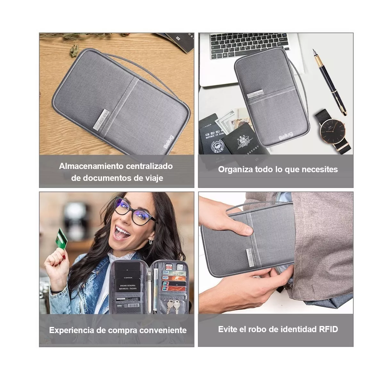 Foto 3 | Cartera Porta Funda Pasaporte Documentos, Gris Belug