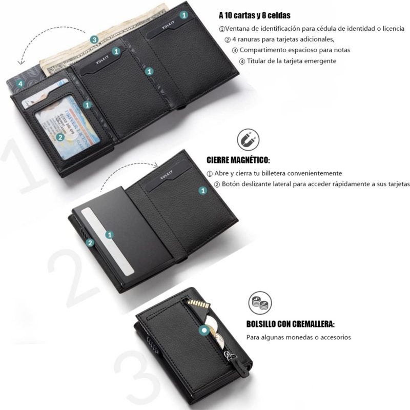 Foto 3 pulgar | Tarjetero Wallet Vulkit Para Hombre, Moderno, Negro, Con Cierre Rfid/nfc - Venta Internacional.