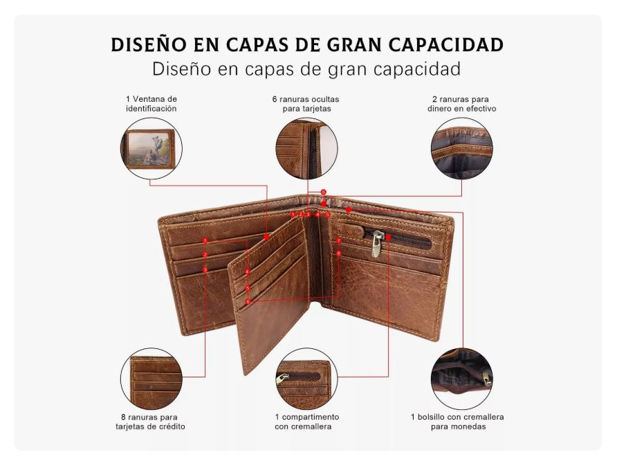Foto 3 pulgar | Cartera Hombre Piel Genuina Cartera Antirrobo Rfid/billetera Marrón Xtellar